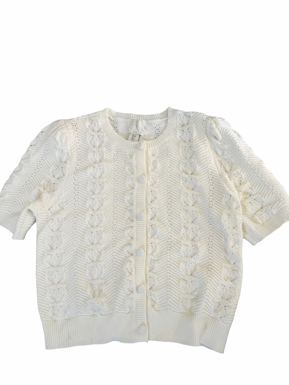 Joie Pointelle Short-Sleeve Cream Knit Cardigan with Button Front SOFT S preppy